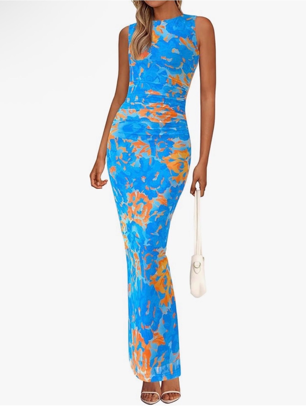Sleek Sleeveless Blue & Orange Print Maxi Dress